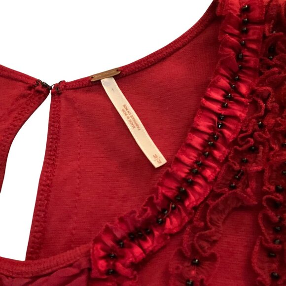 Free People Sleeveless Red Mini Dress With Beaded Details & Ruffled Trim medium - Picture 3 of 10